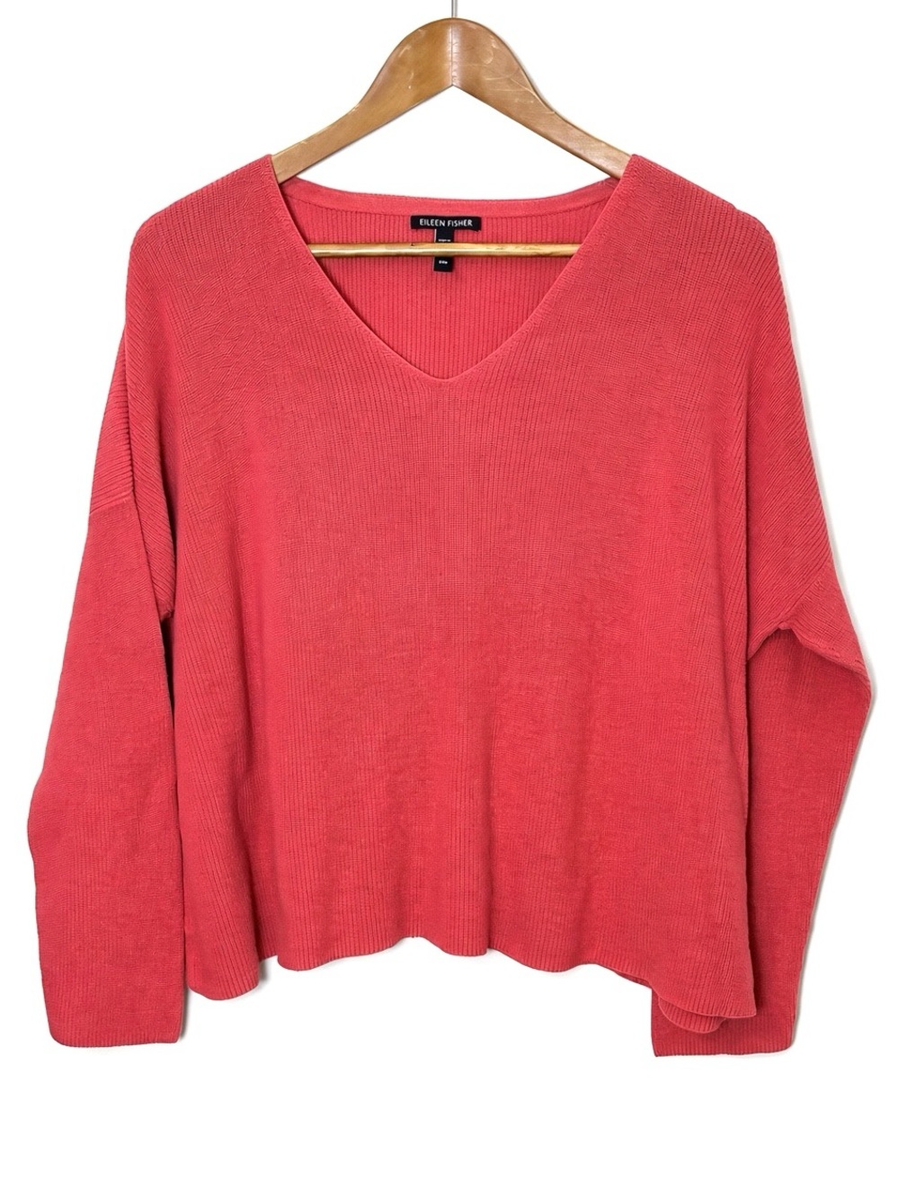 Eileen Fisher 100% Organic Cotton Ribbed V-Neck Sweater Size M Coral Salmon